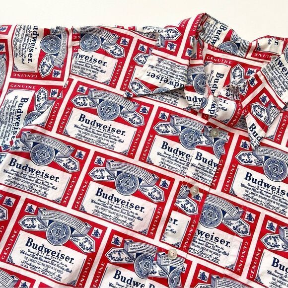 Vintage 60s 70s Budweiser Beer Label Line Union AOP Pop Art Polo Shirt Hawaiian. - Picture 2 of 12